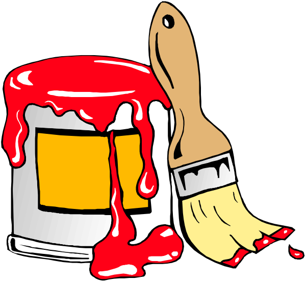 The illustration shows a paintbrush with red paint dripping from it onto an open jar of more red paint next to which is another brush that has been used for painting something else as indicated by its dirty state, and there's also some spilled or splattered red paint on the ground.