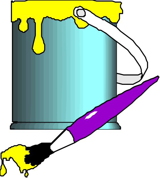 The image shows a cartoon depiction of an open bucket with yellow paint spilling out onto a blue surface below it; there is also a purple brush next to the bucket handle on its side.
