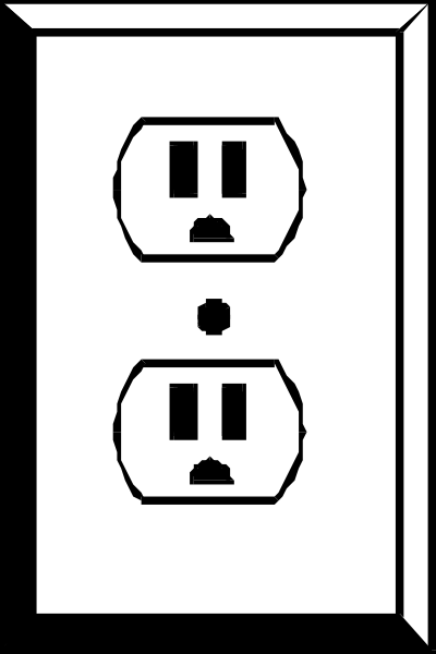 The image shows a black and white illustration of an electrical outlet with two sockets on it placed against a wall in what appears to be a room corner.