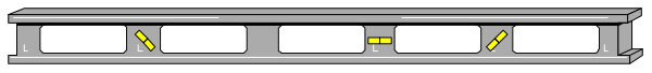 The image shows a train on tracks with two yellow lights at each end of its roof.
