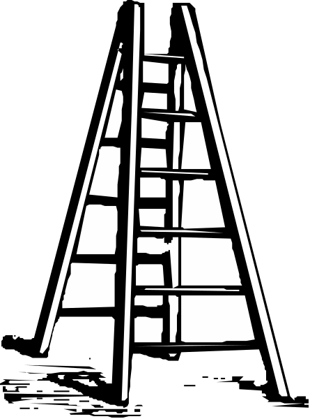 The black and white silhouette of a ladder leaning against an object that resembles a boat with sails down in front of it.