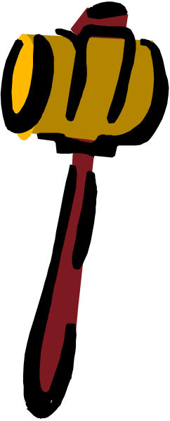 The image shows a red hammer with yellow handle on top of an orange background.