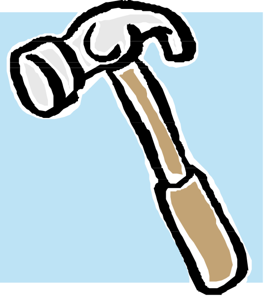 The image shows a hammer with its handle pointing upwards against a blue background.