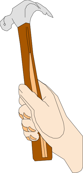 The image shows a hand holding an open hammer with wooden handle against a dark background.