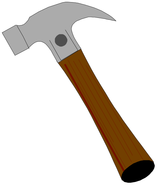 The image shows a hammer with wooden handle resting on its side against black background.