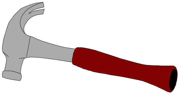 The image shows a hammer with red handle on top of another object that resembles an ice cream cone but is actually a wrench in black and white color scheme against gray background.