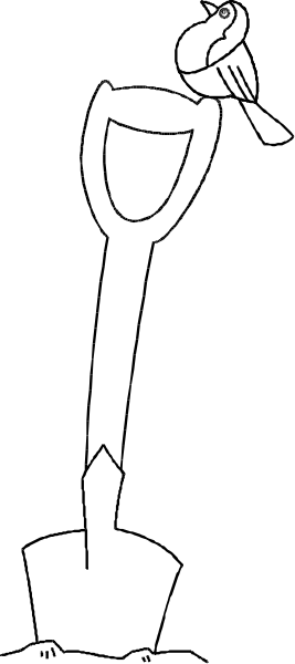 The black and white illustration shows a bird perched on top of an umbrella with its beak open as if it's singing.