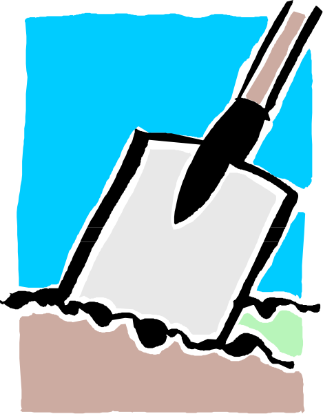 The picture shows a shovel with dirt on it placed next to an open book that is lying flat against what appears to be a blue sky background.