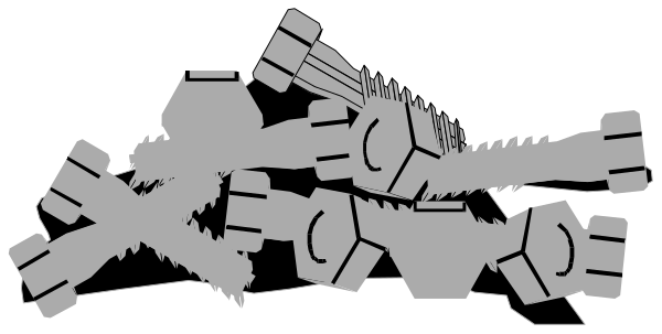 The black and white silhouette of a robot with various parts scattered around it on what appears to be an abstract background.