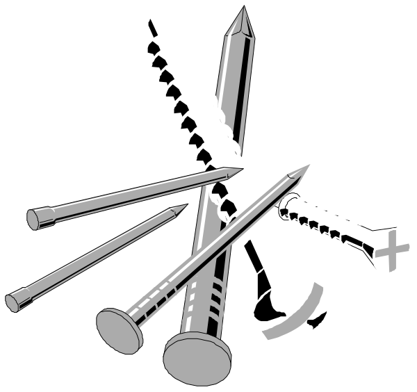 The black and white illustration shows a collection of various tools including nails, screws, drill bits, pliers, wrenches, hammers, scissors, and other hardware items arranged in an organized manner on top of each other against a dark background.