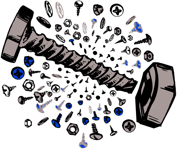 The image shows a collection of various screws with different heads scattered around what appears to be an unscrewed object in black-and-white tones against a dark background.