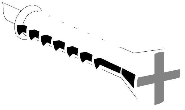 The black and white silhouette of a cross with nails through it on top of an object that resembles a hammer.