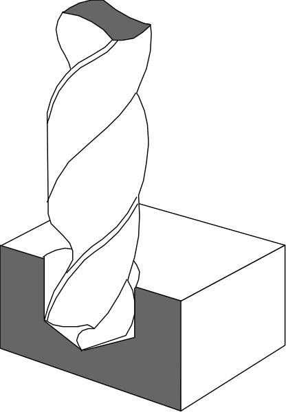 The black and white illustration shows a spiral staircase with two turns against a dark background inside what appears to be an architectural model of a building structure.