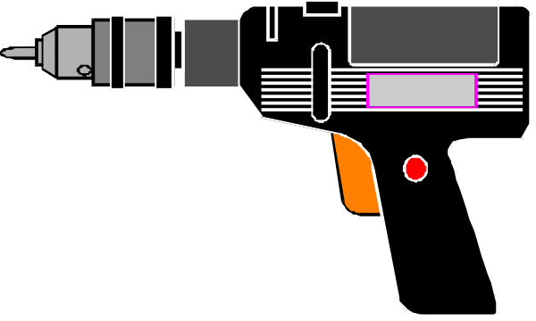 The black and white illustration shows a futuristic gun with an orange dot on it placed against a dark background.