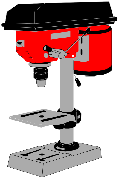 The black and white illustration shows a red drill press with various attachments on its stand against a dark background.
