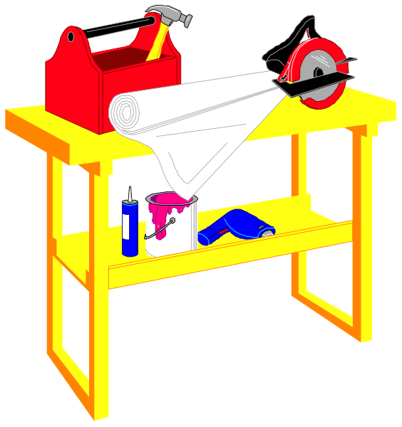 The image shows a side view of two workbenches with various tools on them; to the left is an open toolbox revealing its contents while to the right sits another bench displaying rolled-up fabric materials, scissors and other craft supplies.