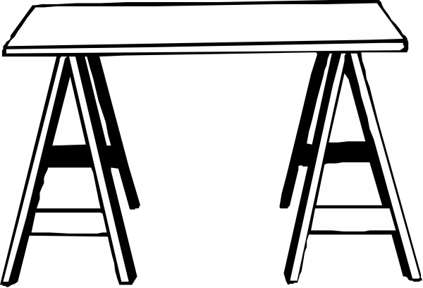 The black and white illustration shows two tables with a ladder leaning against them on either side of what appears to be an open book lying flat between them in front.