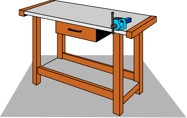 The image shows a simple wooden workbench with an attached vice on top of it against a dark background.