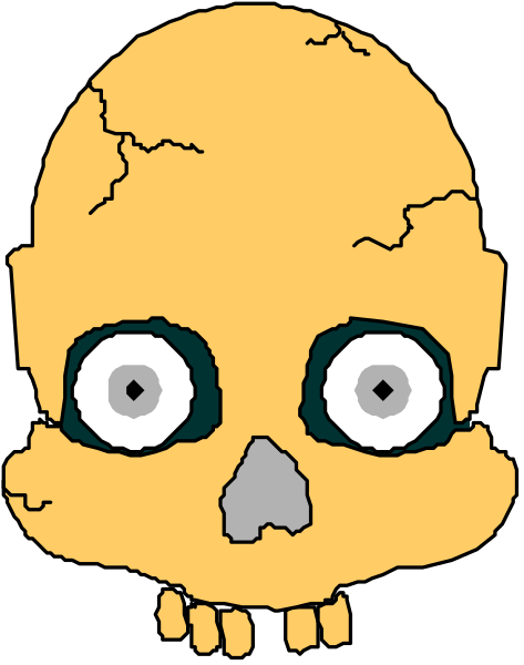 The image shows a cartoon skull with large eyes on it against a black background.