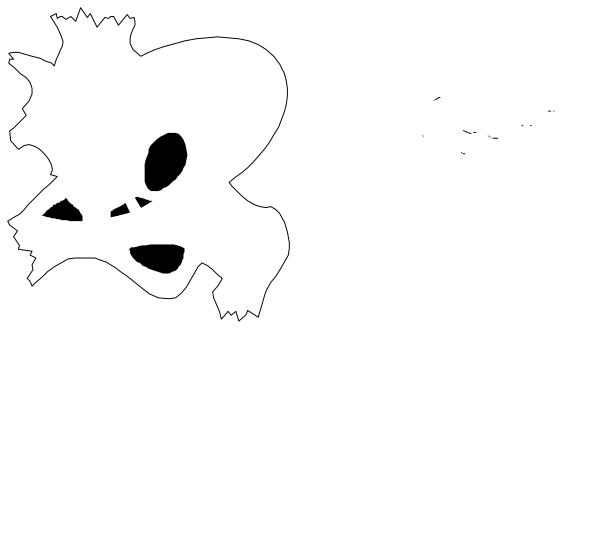 The black and white silhouette of a skull with crossbones next to it; an outline drawing of a person's head in profile view; two outlines depicting spooky creatures resembling ghostly figures, one larger than the other; another smaller figure that appears like a skeletal hand.
