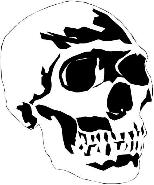 The black and white silhouette of a human skull with teeth showing against a plain background.