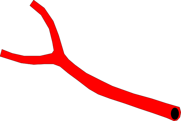 The image shows a red scissor with black handles against a dark background.
