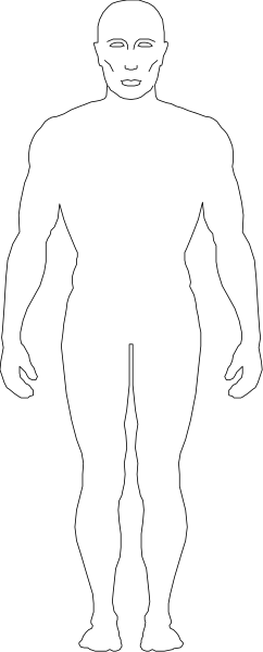 The black and white silhouette of a human figure standing upright with arms at sides against dark background.