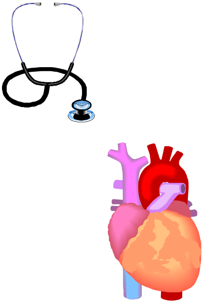 The image shows a stethoscope on top of an open heart illustration with medical symbols around it; to its left is another smaller graphic that includes a doctor's coat symbolizing healthcare professionals.