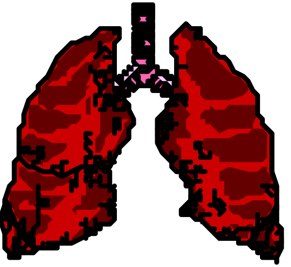 The image shows a graphic representation of an open chest with red lungs inside it against a black background.