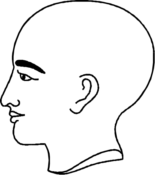 The black and white illustration shows a side profile of an adult male head with shaved hair facing rightward against a plain background.