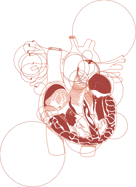 The image shows a black and white illustration of an abstract heart with various shapes around it on what appears to be a gray background.