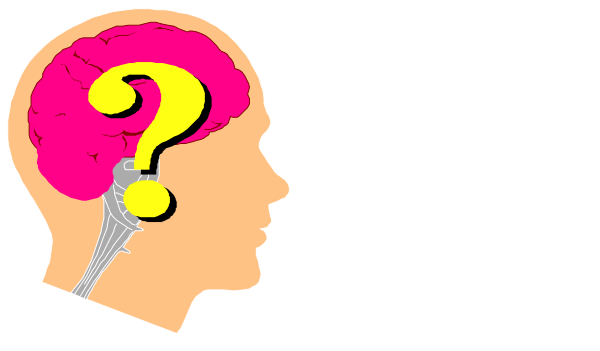 The image shows two cartoon heads with question marks above them against a black background; there is no text present within this small clip-art illustration.