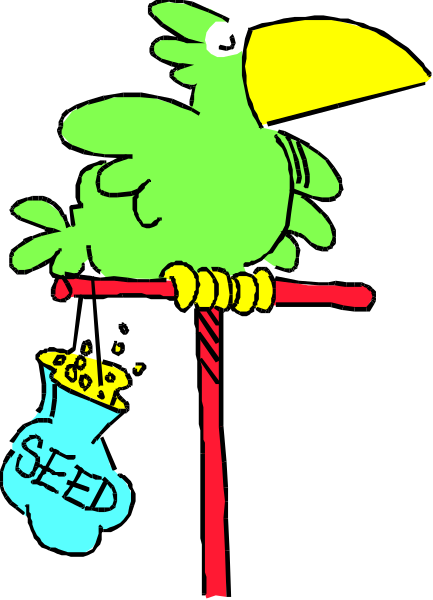 The cartoon depicts a parrot sitting on top of an object that resembles a bicycle wheel with "SEED" written across it; there is also another bird-like figure hanging from this same structure, which has been labeled as 'SATELLITE' and contains the word 'GOLD'.