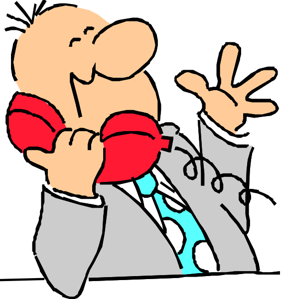The cartoon shows a man with glasses holding red headphones to his ear while talking on an old rotary phone; he is gesturing towards something off-screen with one hand raised in front of him as if pointing, and appears surprised by what's happening outside the frame.