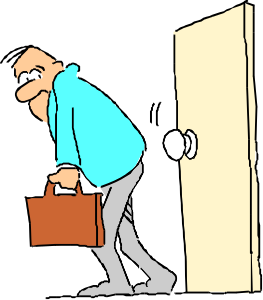 The cartoon shows a man standing outside an open door with his back to us; he is wearing glasses on top of his head, has gray hair, wears blue pants, holds brown briefcase in left hand and leans forward slightly as if about to enter or exit through doorway which leads into darkness.