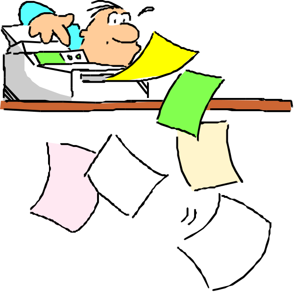 The cartoon shows a man lying on his desk with papers flying around him; he is wearing glasses and has dark hair.