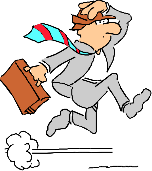 The cartoon shows a man running with his arms outstretched as if he's flying through mid-air while holding an open briefcase in one hand; behind him is another figure who appears to be looking up at something above them, possibly observing or reacting to it.