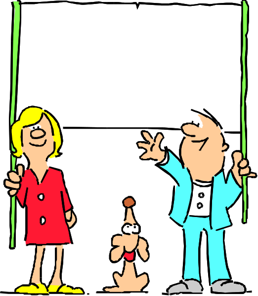 The black and white cartoon shows a man holding two poles with hands on top of each other while standing next to his dog that is sitting down between them; behind him stands another person who appears surprised as if something unexpected has happened, also in front of this second individual there's an animated character waving.
