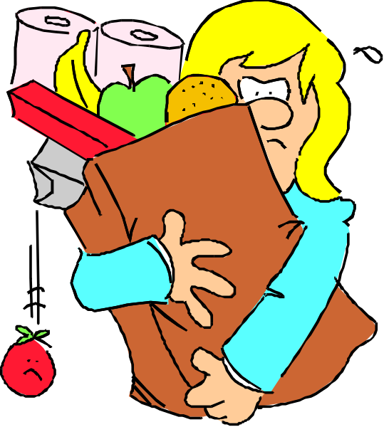 The cartoon depicts a woman holding an open bag filled with various items such as fruits like bananas and apples, vegetables including carrots, toiletries represented by toothbrushes and bottles of shampoo, along with other miscellaneous objects that resemble everyday household goods. She is standing in front of what appears to be grocery store shelves stocked with similar products.