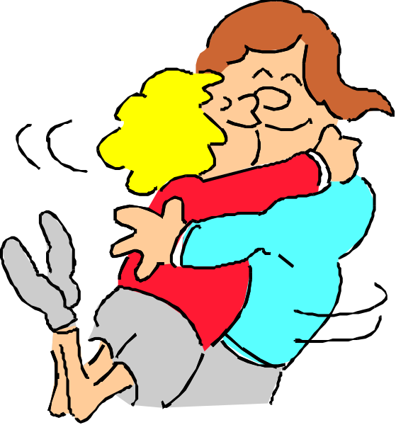 The image shows a cartoon of two characters hugging each other with an exaggerated expression on their face; there is no text present in this clip-art illustration.