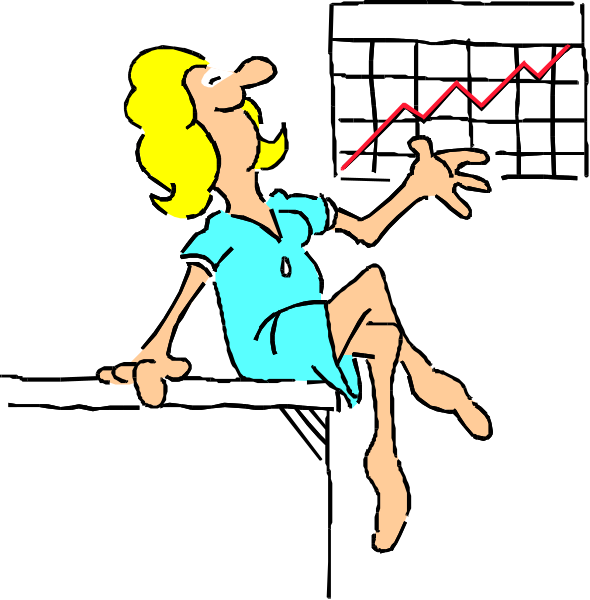 The cartoon depicts a woman sitting on her knees with an upward trending graph above her head; she is pointing to it while looking upwards towards something off-frame.