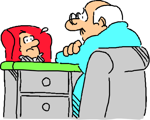 The cartoon shows a man sitting at his desk with two chairs visible; there's another character standing behind him who appears to be speaking into an unseen microphone while gesturing towards something off-frame, and in front of them is a small figure that seems to represent their child or pet.