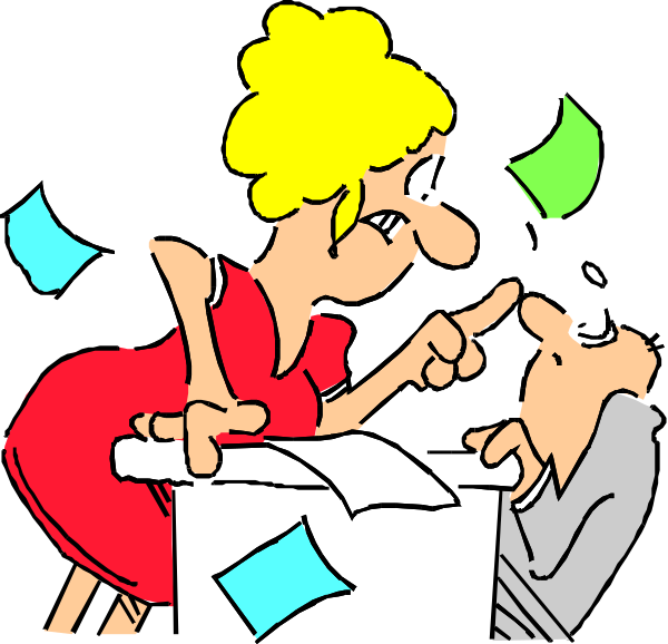 The cartoon shows a woman pointing at two men who appear to be engaged with each other; she is standing behind them in an office-like environment filled with papers flying around her head due to excitement or surprise, suggesting that something important has just been revealed or discussed between the two men.