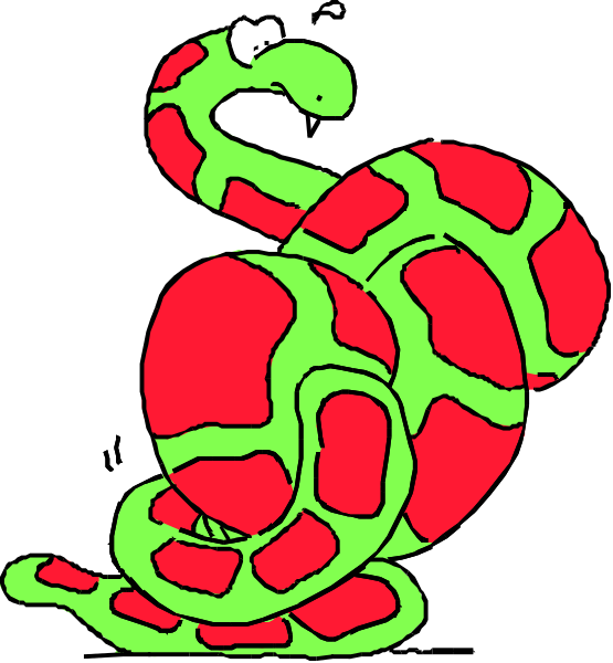 The image shows a cartoon snake with red scales coiled around itself on top of what appears to be an open book cover that has green pages inside it.