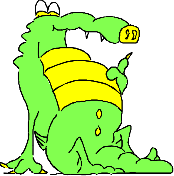 The image shows a cartoon of an alligator with its mouth open wide as if it's yawning, standing on two legs in front of another smaller crocodile that is also sitting upright but has one leg raised and appears to be scratching itself or possibly playing guitar due to the position.