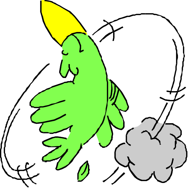 The image shows a green parrot flying with smoke coming out of its tail feathers against a black background.