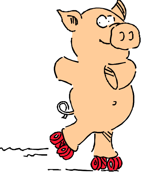 The image shows a cartoon pig character with red shoes on its feet standing upright against a black background.
