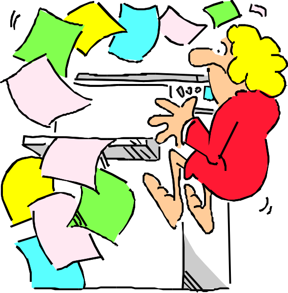 The cartoon shows a woman sitting at her desk with papers flying around due to wind from an open window; she is leaning over as if trying to catch them all while looking surprised by this unexpected event.