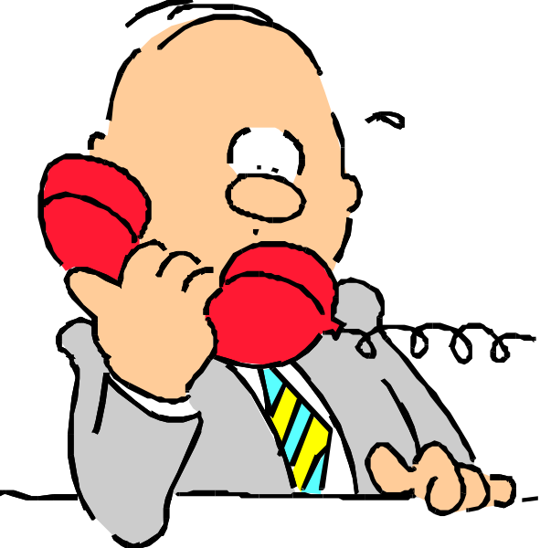 The cartoon shows a bald man with glasses talking on two red phones simultaneously while holding up his finger as if to emphasize something he's saying. He is wearing a suit jacket over what appears to be an undershirt, and there seems to be some kind of pattern or design visible beneath it.