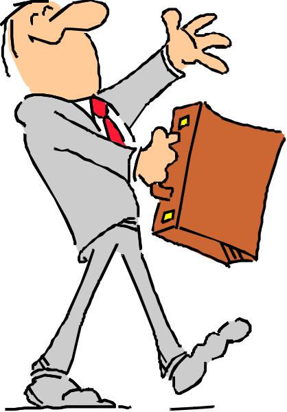 The cartoon shows a man dressed as an executive carrying briefcases while walking down what appears to be a street with buildings in the background; he is wearing a suit jacket over his shirt and tie but no pants, revealing only boxer shorts underneath.